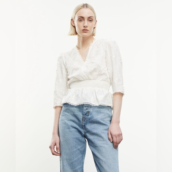 The Kooples Ecru Cotton Top with Smocks and Flowers - Picture 1 of 10